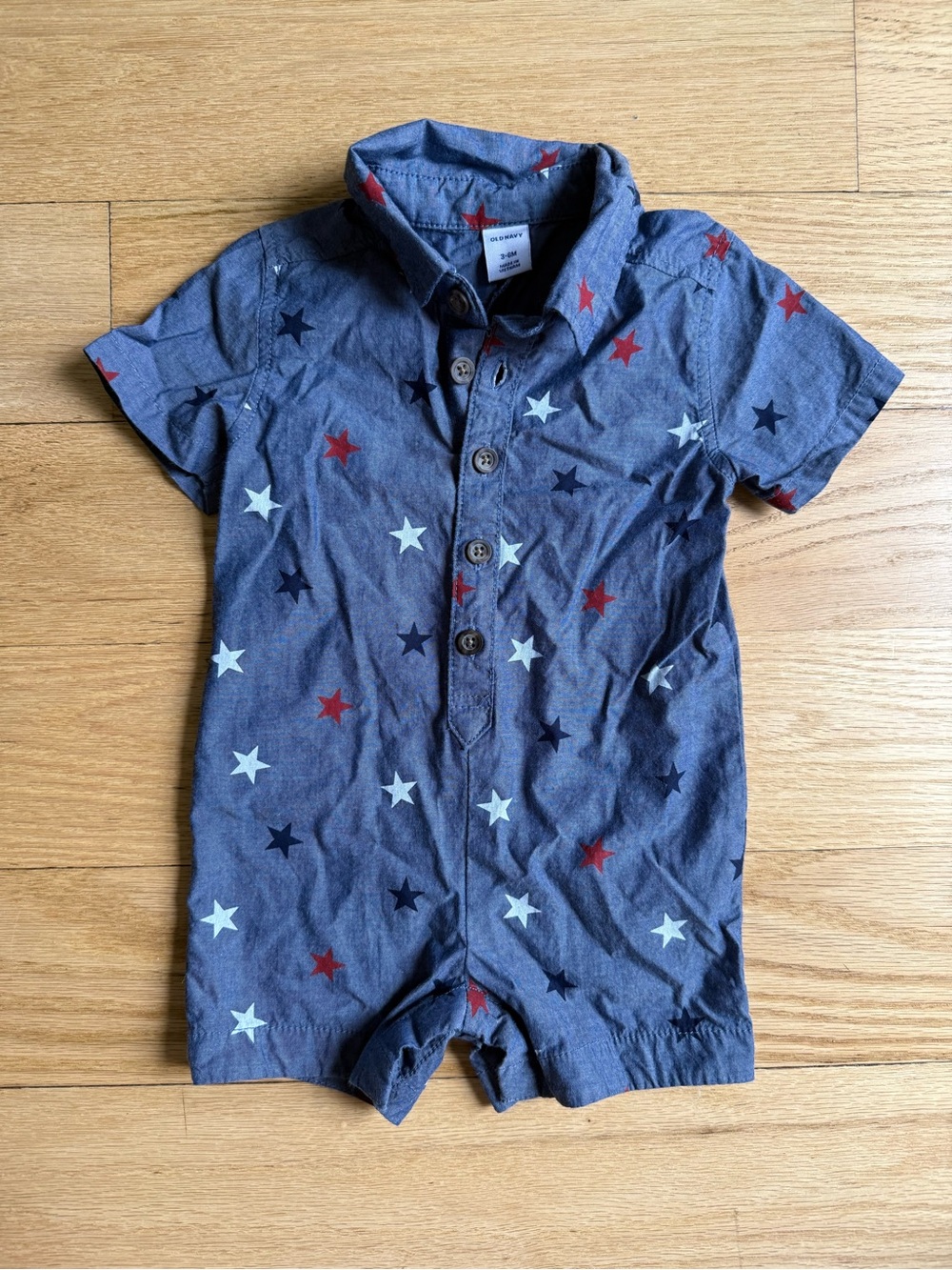 Old Navy Chambray Star-Print Baby Romper in Blue with Red and White Stars